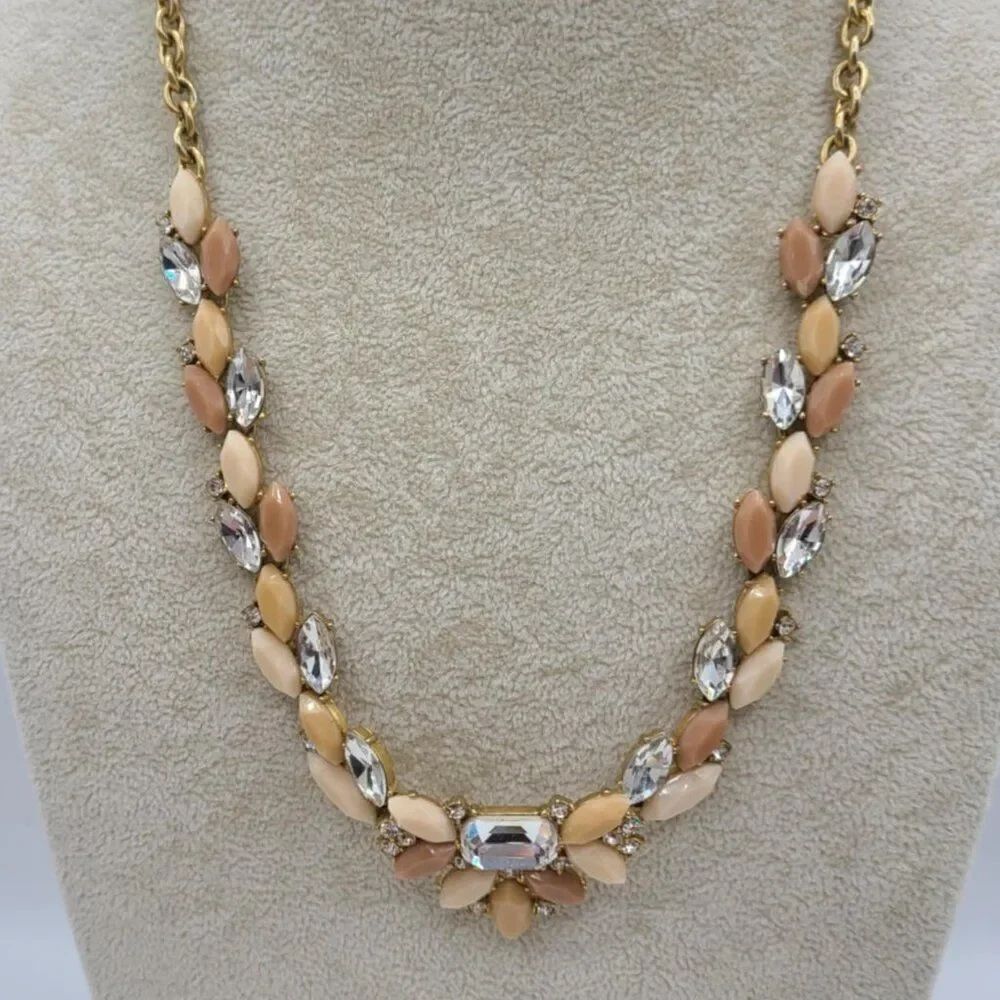 J Crew Dainty Gold Tone Pink Mauve Taupe Resin Clear Crystal Necklace